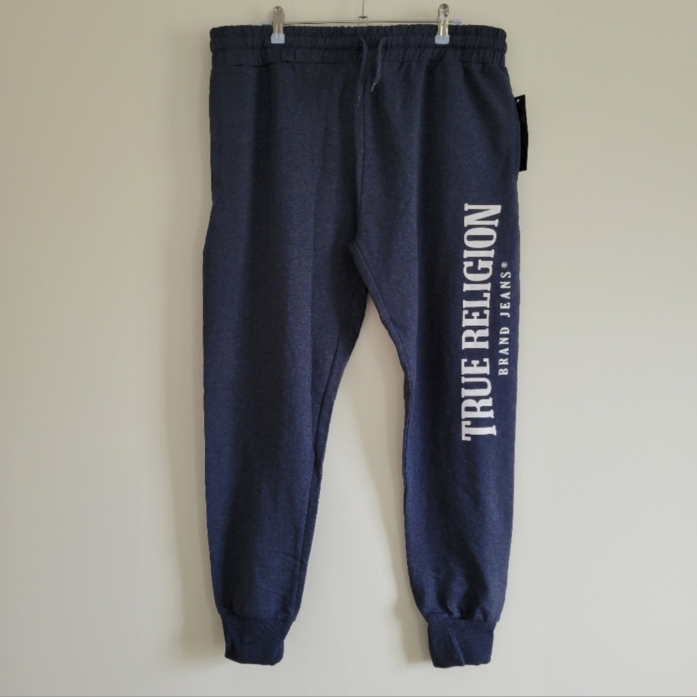 True Religion Loungewear White Logo Print Thick Fleece Sweat Jogger Pants L NWT